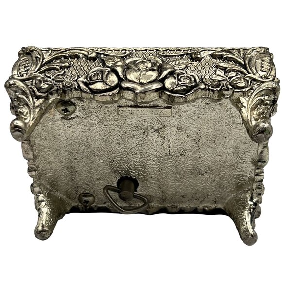 Vintage Silver Plated Blue Velvet Trinket Footed Music Box Roses Made In Japan - Picture 7 of 16